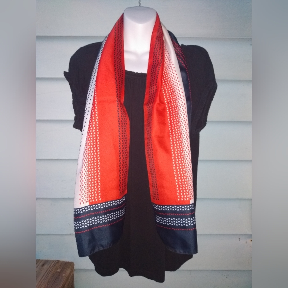 Red, White, and Blue Italian polyester scarf with geometric pattern.